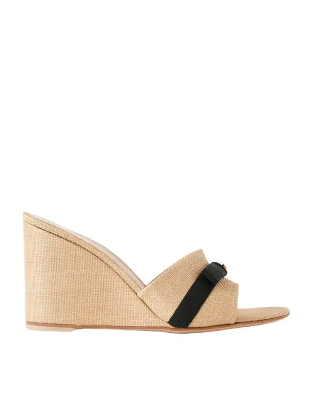 85 Grosgrain-trimmed Raffia Wedge Mules