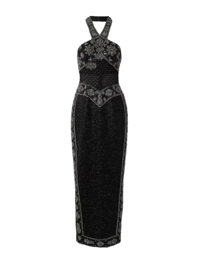 Cyndi Cutout Embellished Mesh Halterneck Gown