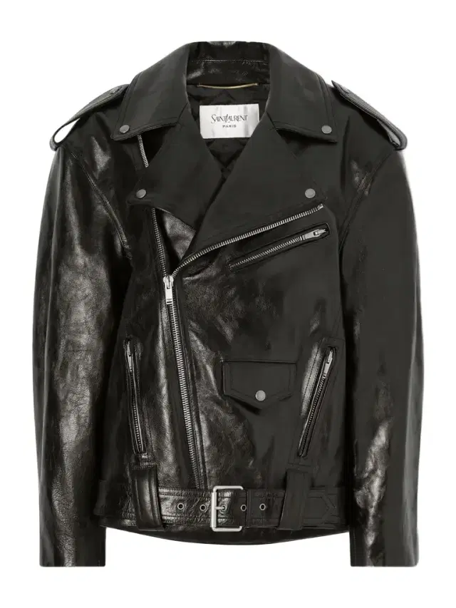 Glossed Textured-leather Biker Jacket