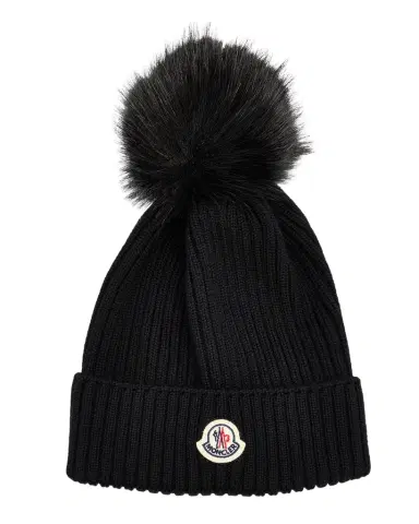 Moncler Kid's Ribbed Wool Beanie with Faux Fur Pom | Thumbnail 1
