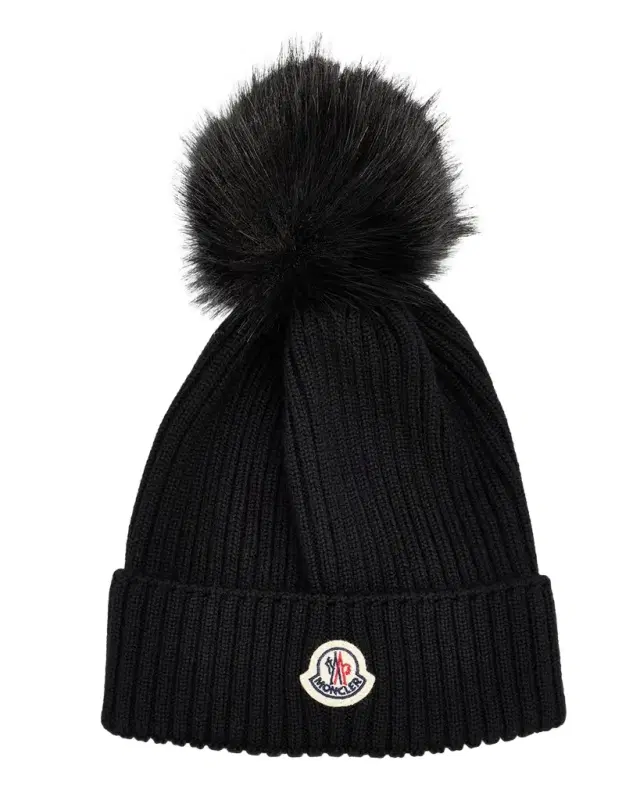 Moncler Kid 's Ribbed Wool Beanie with Faux Fur Pom, Size S-L