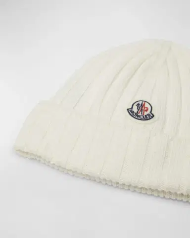 Moncler Girl's Ribbed Wool Beanie with Logo Patch, Size X-XS | Thumbnail 2