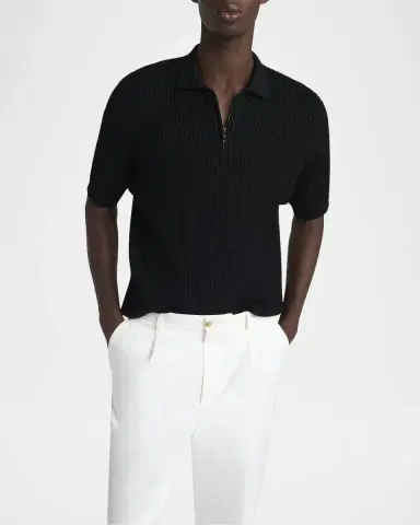 Giorgio Armani Men's Textured Knit Short-Sleeve Quarter-Zip Polo Sweater | Thumbnail 4 Giorgio Armani Men's Textured Knit Short-Sleeve Quarter-Zip Polo Sweater | Thumbnail 4