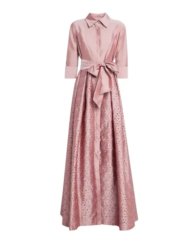 Rickie Freeman for Teri Jon Floral-Embroidered Eyelet Taffeta Shirt Gown