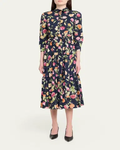 Carolina Herrera Belted 3/4-Sleeve Floral Cotton Midi Shirt Dress | Thumbnail 2