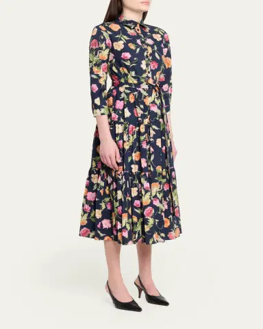 Carolina Herrera Belted 3/4-Sleeve Floral Cotton Midi Shirt Dress | Thumbnail 4