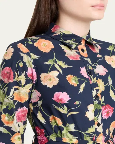 Carolina Herrera Belted 3/4-Sleeve Floral Cotton Midi Shirt Dress | Thumbnail 5