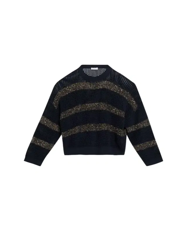 Brunello Cucinelli Pailette Striped Open-Knit Crewneck Sweater