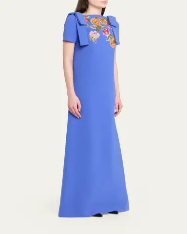 Carolina Herrera Embroidered Bow-Shoulder A-Line Gown | Thumbnail 4