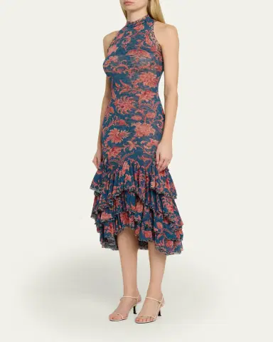 Etro Floral Stretch Tulle Ruffle Mermaid Midi Dress | Thumbnail 4