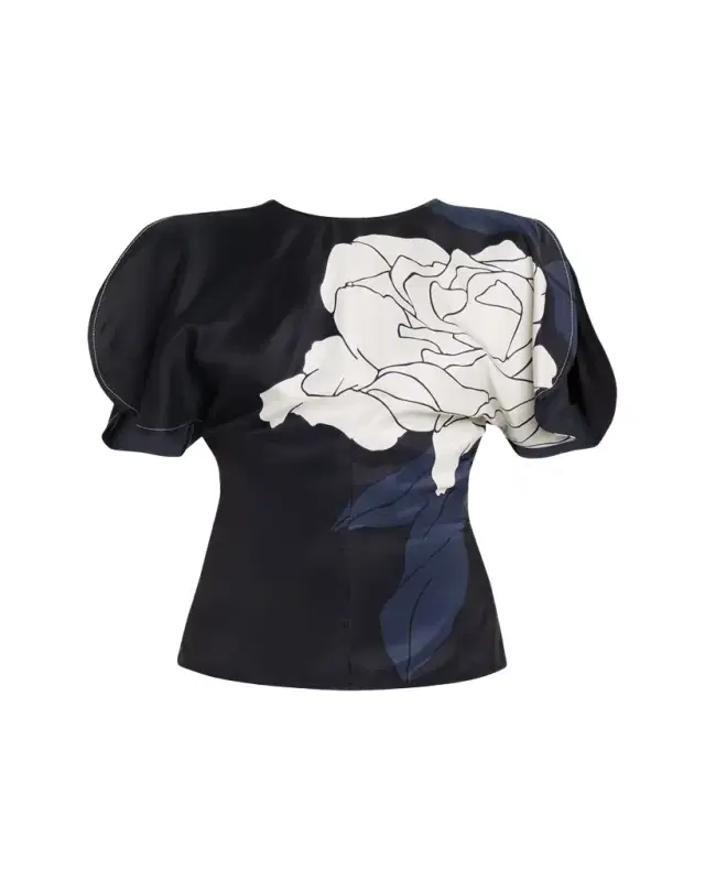 Flower-Print Satin Draped Sleeve Top