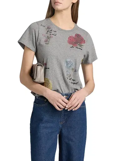 Cinq à Sept Women's Heatset Flowers Shrunken T-Shirt - Charcoal Heather Grey Multi | Thumbnail 3 Cinq à Sept Women's Heatset Flowers Shrunken T-Shirt - Charcoal Heather Grey Multi | Thumbnail 3