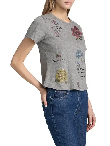 Cinq à Sept Women's Heatset Flowers Shrunken T-Shirt - Charcoal Heather Grey Multi | Thumbnail 4 Cinq à Sept Women's Heatset Flowers Shrunken T-Shirt - Charcoal Heather Grey Multi | Thumbnail 4