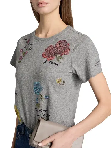 Cinq à Sept Women's Heatset Flowers Shrunken T-Shirt - Charcoal Heather Grey Multi | Thumbnail 6 Cinq à Sept Women's Heatset Flowers Shrunken T-Shirt - Charcoal Heather Grey Multi | Thumbnail 6