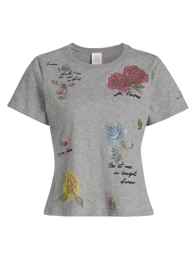Cinq à Sept Women's Heatset Flowers Shrunken T-Shirt - Charcoal Heather Grey Multi | Thumbnail 1 Cinq à Sept Women's Heatset Flowers Shrunken T-Shirt - Charcoal Heather Grey Multi | Thumbnail 1