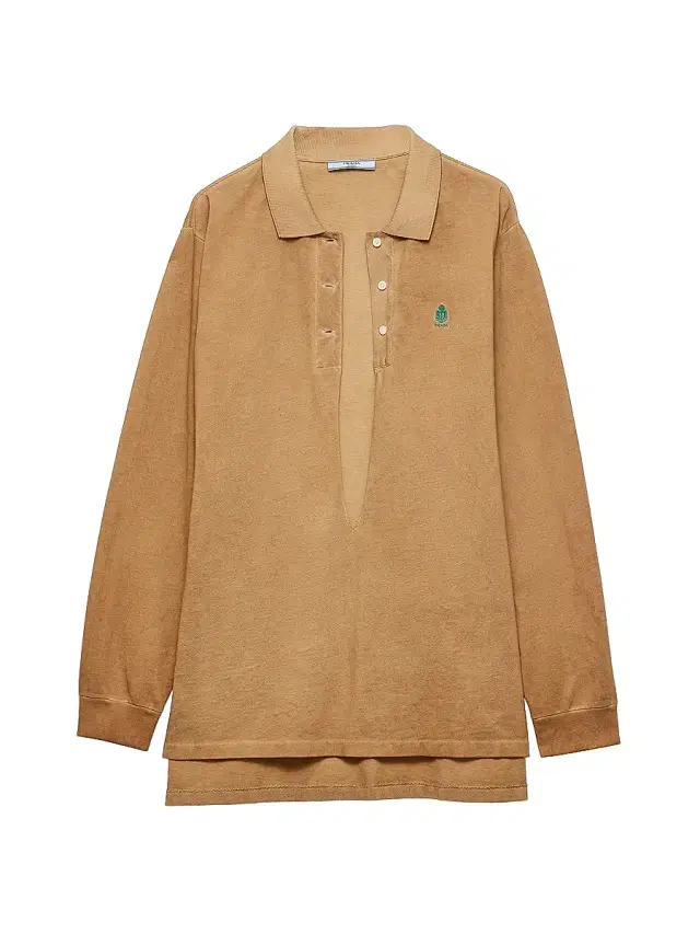 Women's Long-Sleeved Cotton Pique Polo Shirt - Beige Khaki
