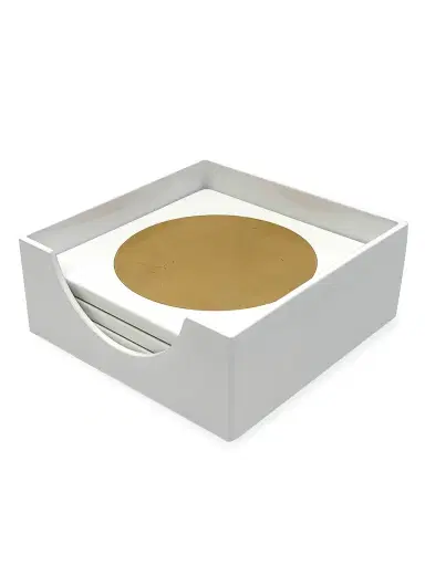 Tizo Golden Circle Wood Coaster & Coaster Holder Set - Gold White | Thumbnail 1 Tizo Golden Circle Wood Coaster & Coaster Holder Set - Gold White | Thumbnail 1