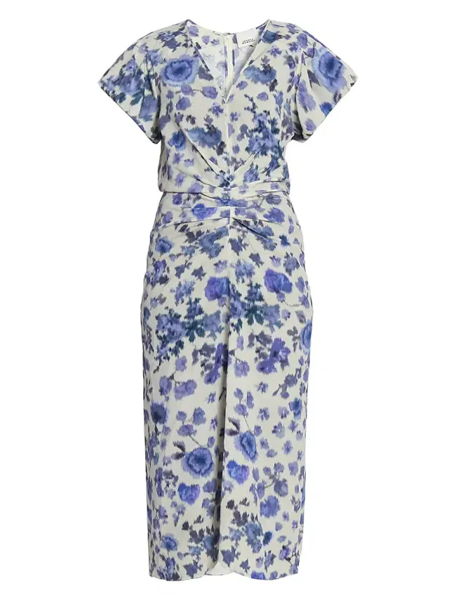 Isabel Marant Women's Terenae Floral Ruched Stretch-Silk Midi-Dress - Blue
