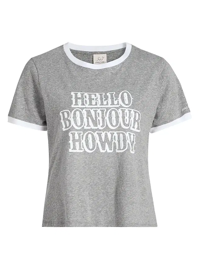 Women's Studded Hello Bonjour Howdy Shrunken T-Shirt - Charcoal Heather Grey Multi