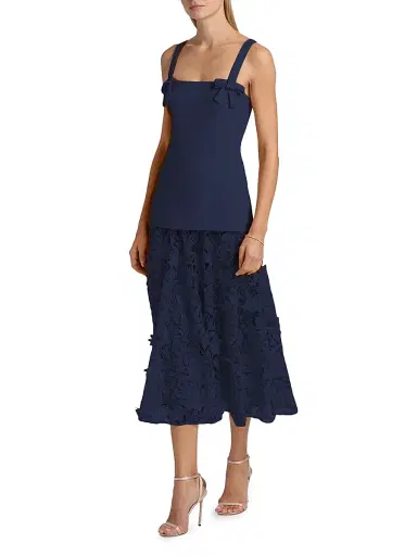 Badgley Mischka Women's Mixed-Media Lace Midi-Dress - Navy | Thumbnail 2 Badgley Mischka Women's Mixed-Media Lace Midi-Dress - Navy | Thumbnail 2