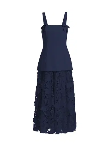 Badgley Mischka Women's Mixed-Media Lace Midi-Dress - Navy | Thumbnail 1 Badgley Mischka Women's Mixed-Media Lace Midi-Dress - Navy | Thumbnail 1