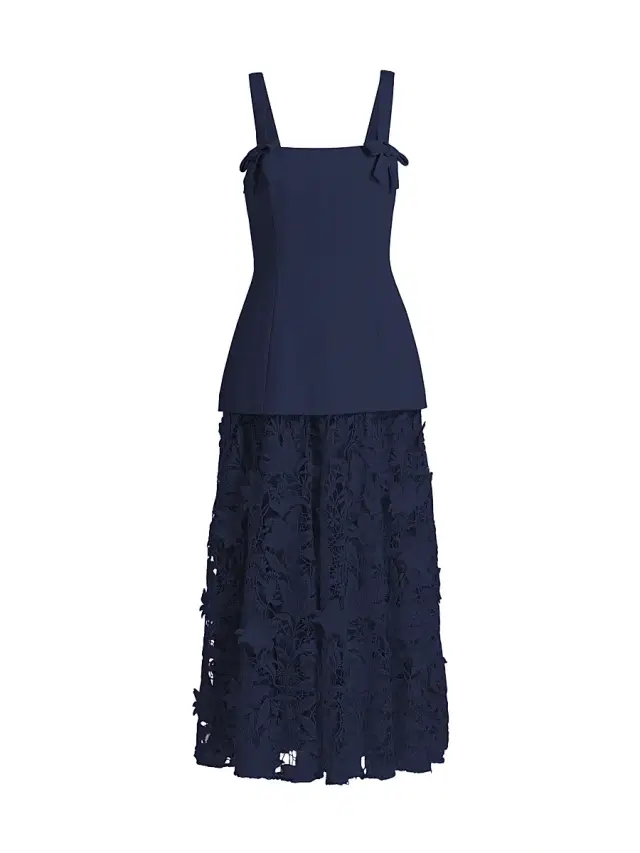 Badgley Mischka Women's Mixed-Media Lace Midi-Dress - Navy