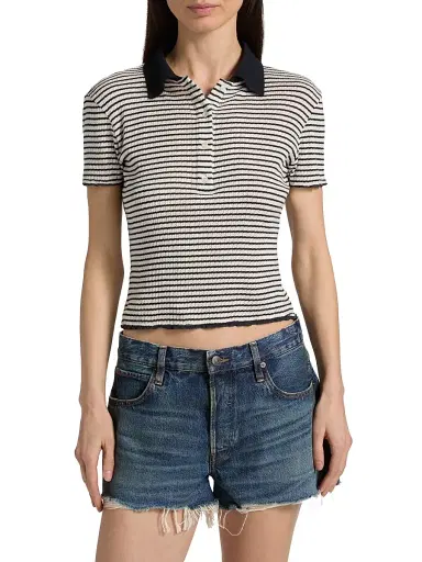 Frame Women's The Pointelle Striped Knit Polo Shirt - Navy Multi - Size Large | Thumbnail 3 Frame Women's The Pointelle Striped Knit Polo Shirt - Navy Multi - Size Large | Thumbnail 3