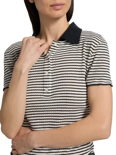 Frame Women's The Pointelle Striped Knit Polo Shirt - Navy Multi - Size Large | Thumbnail 6 Frame Women's The Pointelle Striped Knit Polo Shirt - Navy Multi - Size Large | Thumbnail 6
