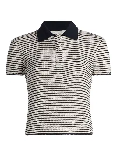 Frame Women's The Pointelle Striped Knit Polo Shirt - Navy Multi - Size Large | Thumbnail 1 Frame Women's The Pointelle Striped Knit Polo Shirt - Navy Multi - Size Large | Thumbnail 1