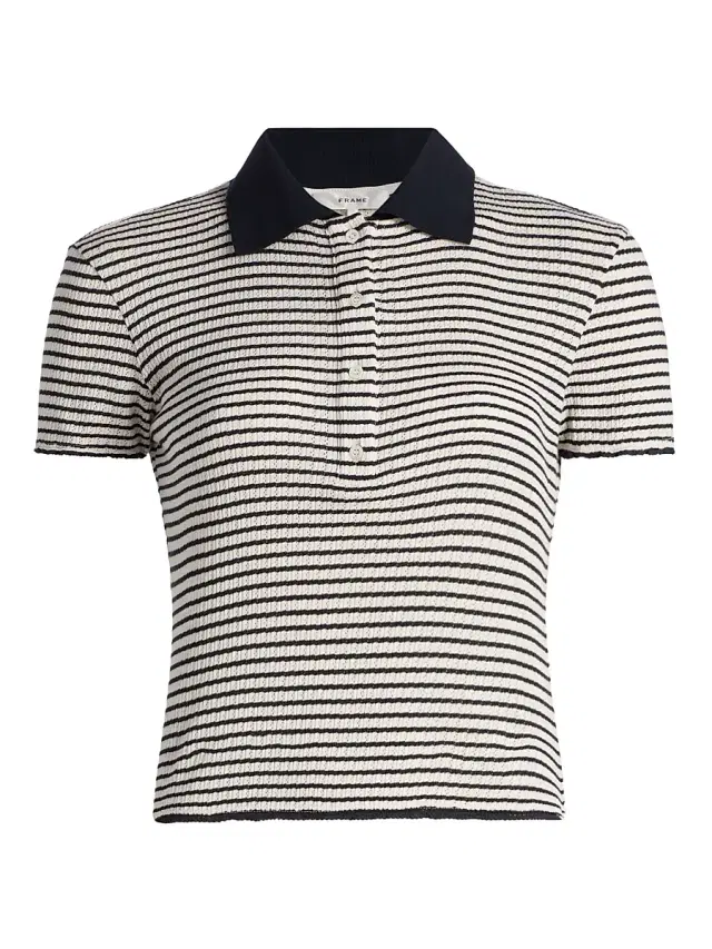 FRAME Women's The Pointelle Striped Knit Polo Shirt - Navy Multi