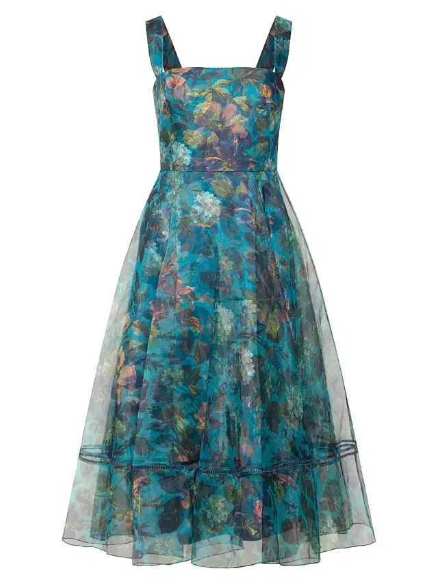 Theia Women's Anissa Floral Organza Square-Neck Midi-Dress - Gilded Hydrangea