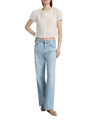 DÔEN Women's Oleta Polka Dot Lace Collar Top - Salt Flock Dot - Size XS | Thumbnail 2