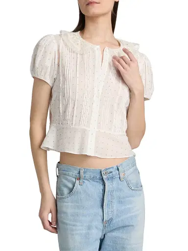 DÔEN Women's Oleta Polka Dot Lace Collar Top - Salt Flock Dot - Size XS | Thumbnail 3