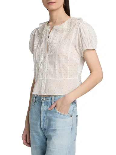 DÔEN Women's Oleta Polka Dot Lace Collar Top - Salt Flock Dot - Size XS | Thumbnail 4