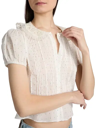DÔEN Women's Oleta Polka Dot Lace Collar Top - Salt Flock Dot - Size XS | Thumbnail 6