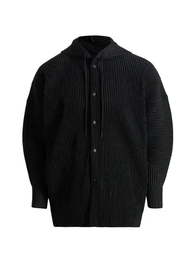 Homme Plissé Issey Miyake Men's Monthly Colors: February Pleated Snap-Front Hoodie - Black | Thumbnail 1 Homme Plissé Issey Miyake Men's Monthly Colors: February Pleated Snap-Front Hoodie - Black | Thumbnail 1