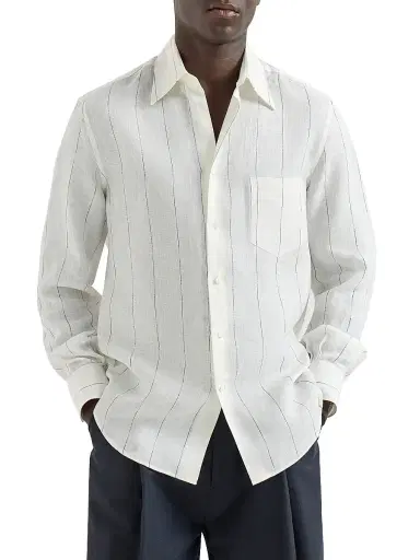 Brunello Cucinelli Men's Textured Stripe Linen Easy Fit Shirt with Chest Pocket | Thumbnail 2 Brunello Cucinelli Men's Textured Stripe Linen Easy Fit Shirt with Chest Pocket | Thumbnail 2