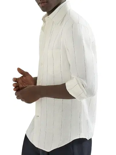 Brunello Cucinelli Men's Textured Stripe Linen Easy Fit Shirt with Chest Pocket | Thumbnail 3 Brunello Cucinelli Men's Textured Stripe Linen Easy Fit Shirt with Chest Pocket | Thumbnail 3