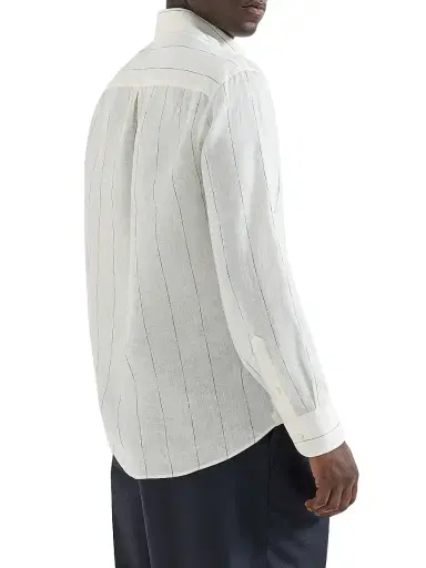 Brunello Cucinelli Men's Textured Stripe Linen Easy Fit Shirt with Chest Pocket | Thumbnail 4 Brunello Cucinelli Men's Textured Stripe Linen Easy Fit Shirt with Chest Pocket | Thumbnail 4