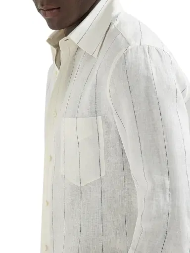 Brunello Cucinelli Men's Textured Stripe Linen Easy Fit Shirt with Chest Pocket | Thumbnail 5 Brunello Cucinelli Men's Textured Stripe Linen Easy Fit Shirt with Chest Pocket | Thumbnail 5