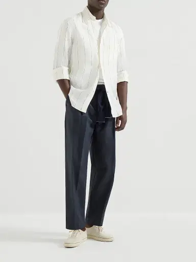 Brunello Cucinelli Men's Textured Stripe Linen Easy Fit Shirt with Chest Pocket | Thumbnail 6 Brunello Cucinelli Men's Textured Stripe Linen Easy Fit Shirt with Chest Pocket | Thumbnail 6