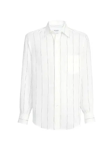 Brunello Cucinelli Men's Textured Stripe Linen Easy Fit Shirt with Chest Pocket | Thumbnail 1 Brunello Cucinelli Men's Textured Stripe Linen Easy Fit Shirt with Chest Pocket | Thumbnail 1