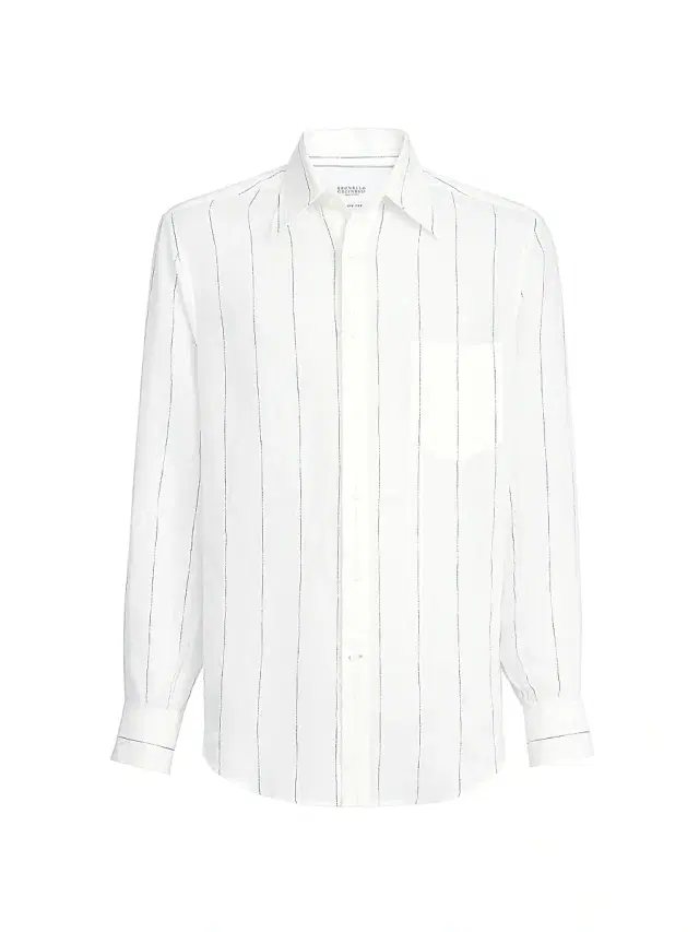 Men's Textured Stripe Linen Easy Fit Shirt with Chest Pocket - Panama