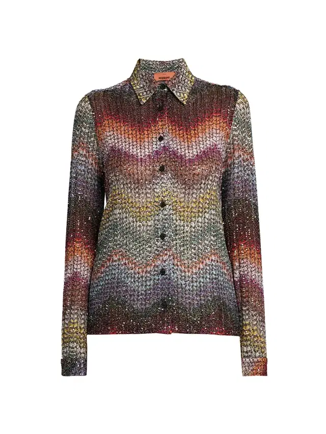 Women's Meander-Chevron Wefted-Loom Button-Front Shirt - Dark Multi