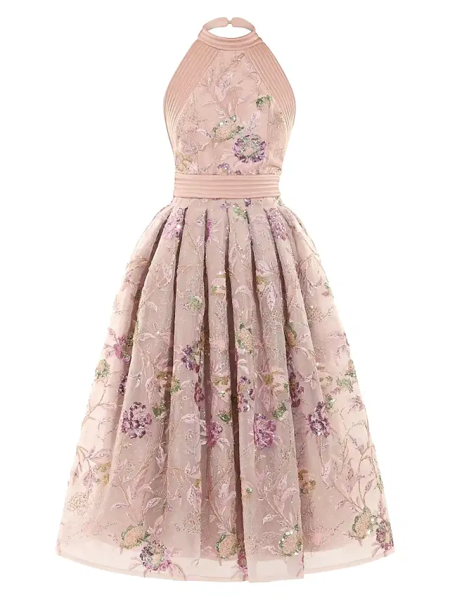 Women's Bertolini Floral-Embroidered Fit-&-Flare Midi-Dress - Beige