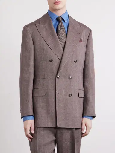 Brunello Cucinelli Double-Breasted Herringbone Linen and Virgin Wool-Blend Suit Jacket - Men | Thumbnail 3