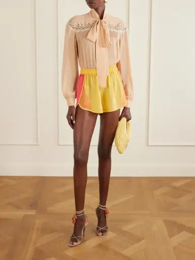 Saint Laurent Cropped Pussy-bow Lace-trimmed Silk-georgette Blouse | Thumbnail 2 Saint Laurent Cropped Pussy-bow Lace-trimmed Silk-georgette Blouse | Thumbnail 2
