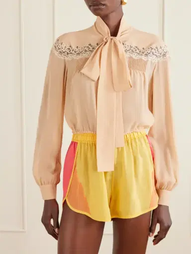 Saint Laurent Cropped Pussy-bow Lace-trimmed Silk-georgette Blouse | Thumbnail 3 Saint Laurent Cropped Pussy-bow Lace-trimmed Silk-georgette Blouse | Thumbnail 3