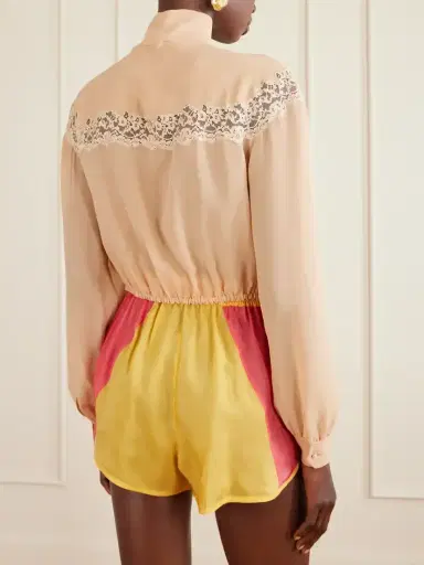 Saint Laurent Cropped Pussy-bow Lace-trimmed Silk-georgette Blouse | Thumbnail 4 Saint Laurent Cropped Pussy-bow Lace-trimmed Silk-georgette Blouse | Thumbnail 4