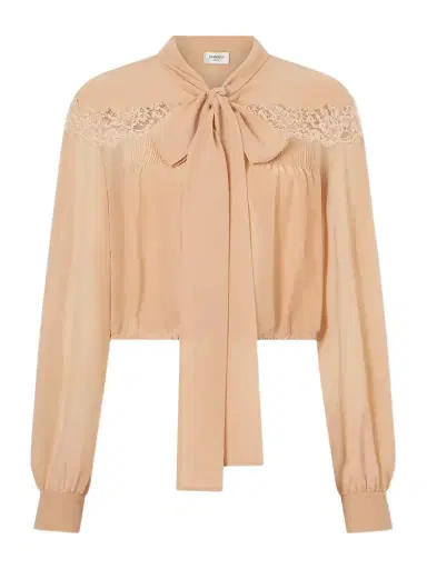 Saint Laurent Cropped Pussy-bow Lace-trimmed Silk-georgette Blouse | Thumbnail 1 Saint Laurent Cropped Pussy-bow Lace-trimmed Silk-georgette Blouse | Thumbnail 1